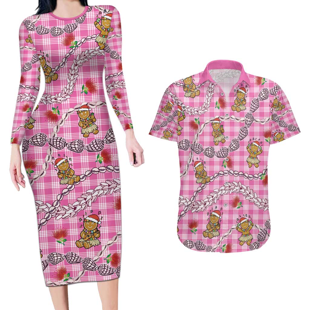 Pink Palaka Hawaii Mele Kalikimaka Couples Matching Long Sleeve Bodycon Dress and Hawaiian Shirt Ohia Lehua Shell Leis Funny Gingerbread Santa - Polynesian Pride