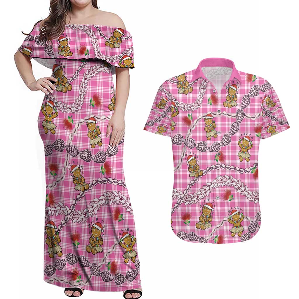 Pink Palaka Hawaii Mele Kalikimaka Couples Matching Off Shoulder Maxi Dress and Hawaiian Shirt Ohia Lehua Shell Leis Funny Gingerbread Santa - Polynesian Pride