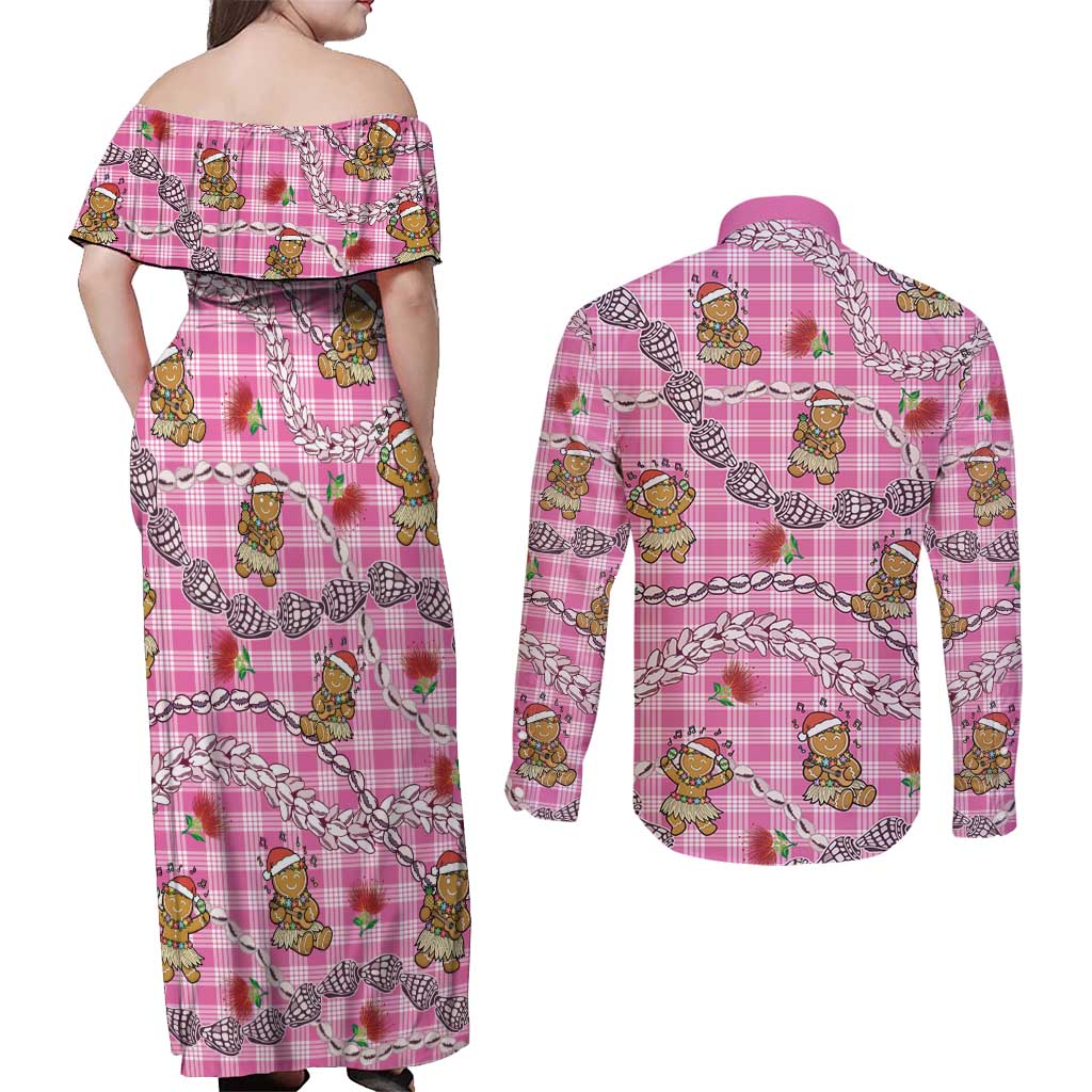 Pink Palaka Hawaii Mele Kalikimaka Couples Matching Off Shoulder Maxi Dress and Long Sleeve Button Shirt Ohia Lehua Shell Leis Funny Gingerbread Santa - Polynesian Pride