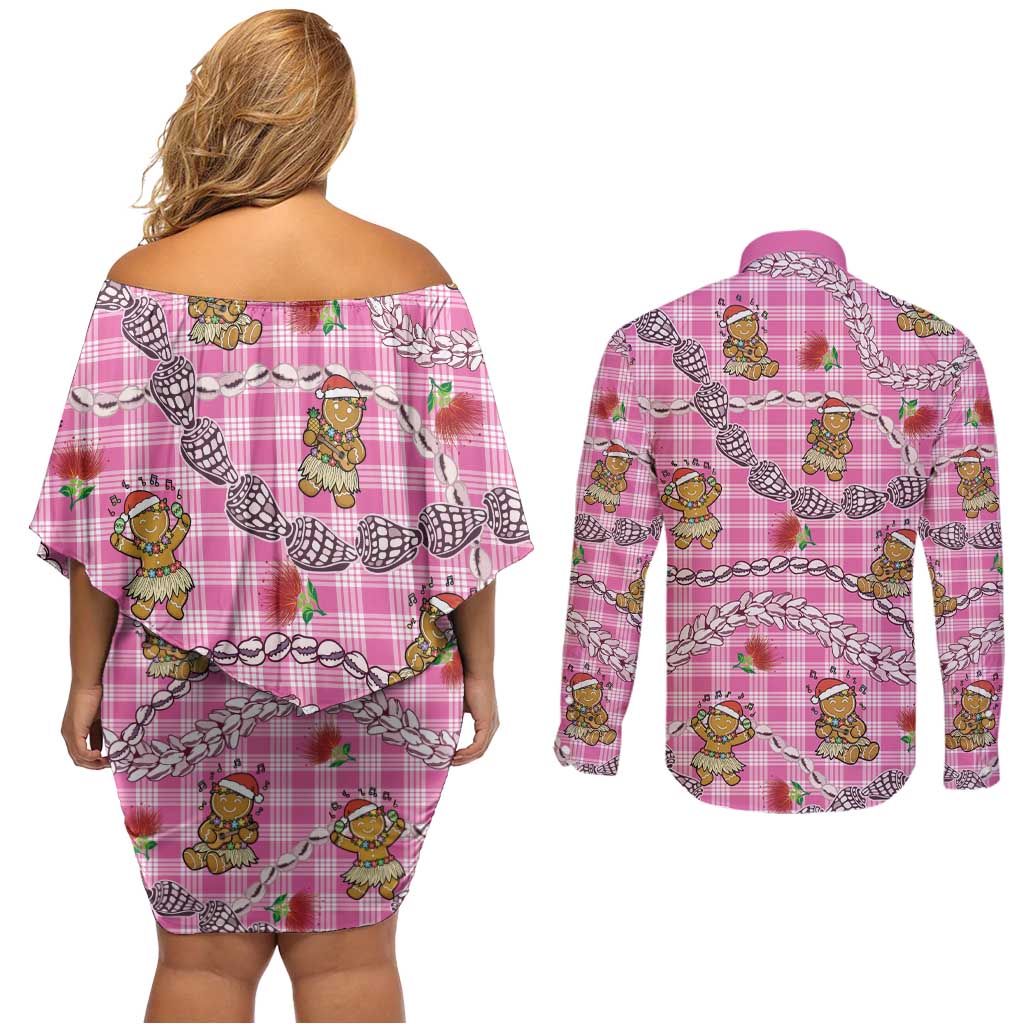 Pink Palaka Hawaii Mele Kalikimaka Couples Matching Off Shoulder Short Dress and Long Sleeve Button Shirt Ohia Lehua Shell Leis Funny Gingerbread Santa - Polynesian Pride