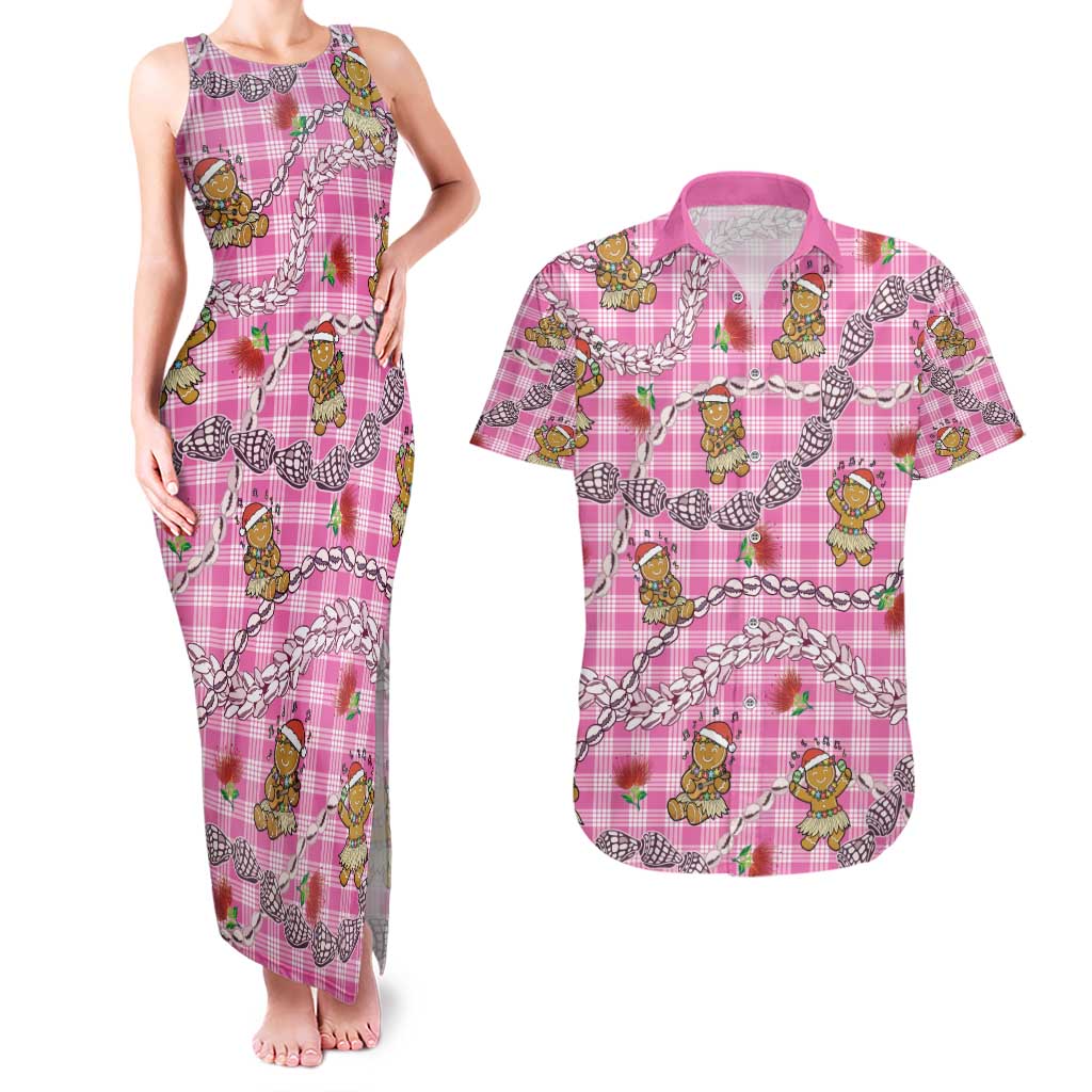 Pink Palaka Hawaii Mele Kalikimaka Couples Matching Tank Maxi Dress and Hawaiian Shirt Ohia Lehua Shell Leis Funny Gingerbread Santa - Polynesian Pride