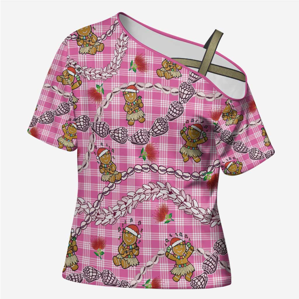 Pink Palaka Hawaii Mele Kalikimaka Cross Shoulder Shirt Ohia Lehua Shell Leis Funny Gingerbread Santa - Polynesian Pride