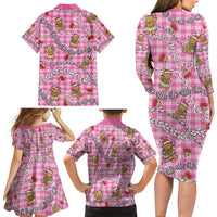 Pink Palaka Hawaii Mele Kalikimaka Family Matching Long Sleeve Bodycon Dress and Hawaiian Shirt Ohia Lehua Shell Leis Funny Gingerbread Santa - Polynesian Pride