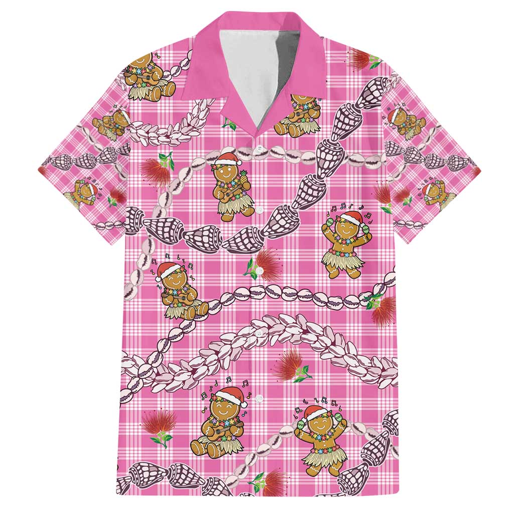 Pink Palaka Hawaii Mele Kalikimaka Family Matching Long Sleeve Bodycon Dress and Hawaiian Shirt Ohia Lehua Shell Leis Funny Gingerbread Santa - Polynesian Pride