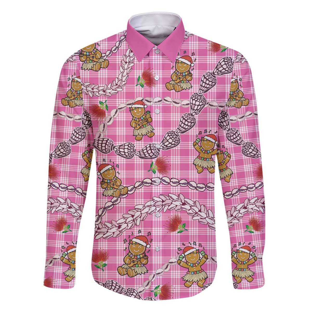 Pink Palaka Hawaii Mele Kalikimaka Family Matching Off The Shoulder Long Sleeve Dress and Hawaiian Shirt Ohia Lehua Shell Leis Funny Gingerbread Santa - Polynesian Pride