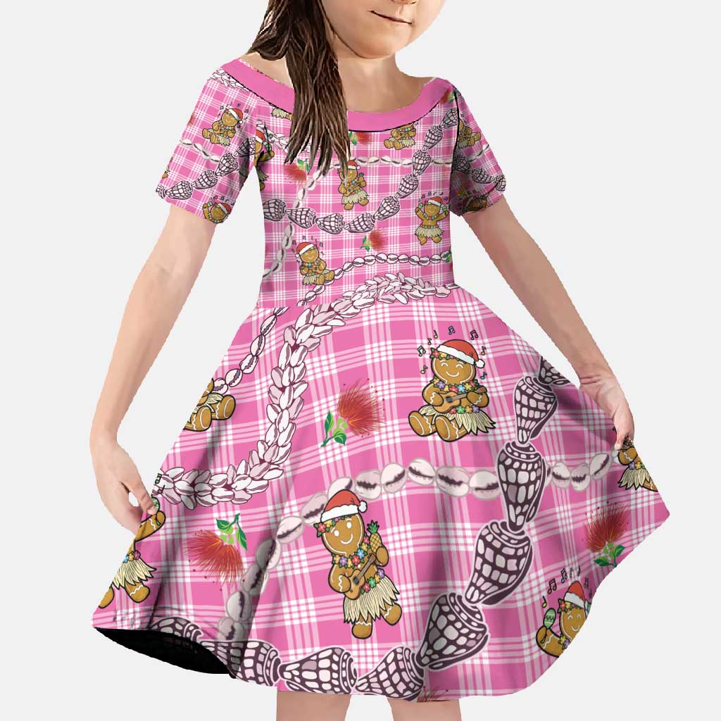 Pink Palaka Hawaii Mele Kalikimaka Family Matching Short Sleeve Bodycon Dress and Hawaiian Shirt Ohia Lehua Shell Leis Funny Gingerbread Santa - Polynesian Pride