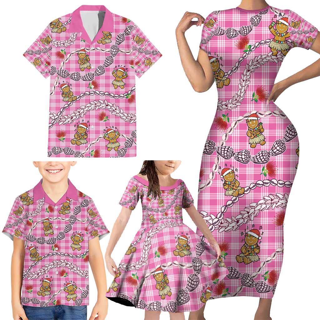 Pink Palaka Hawaii Mele Kalikimaka Family Matching Short Sleeve Bodycon Dress and Hawaiian Shirt Ohia Lehua Shell Leis Funny Gingerbread Santa - Polynesian Pride