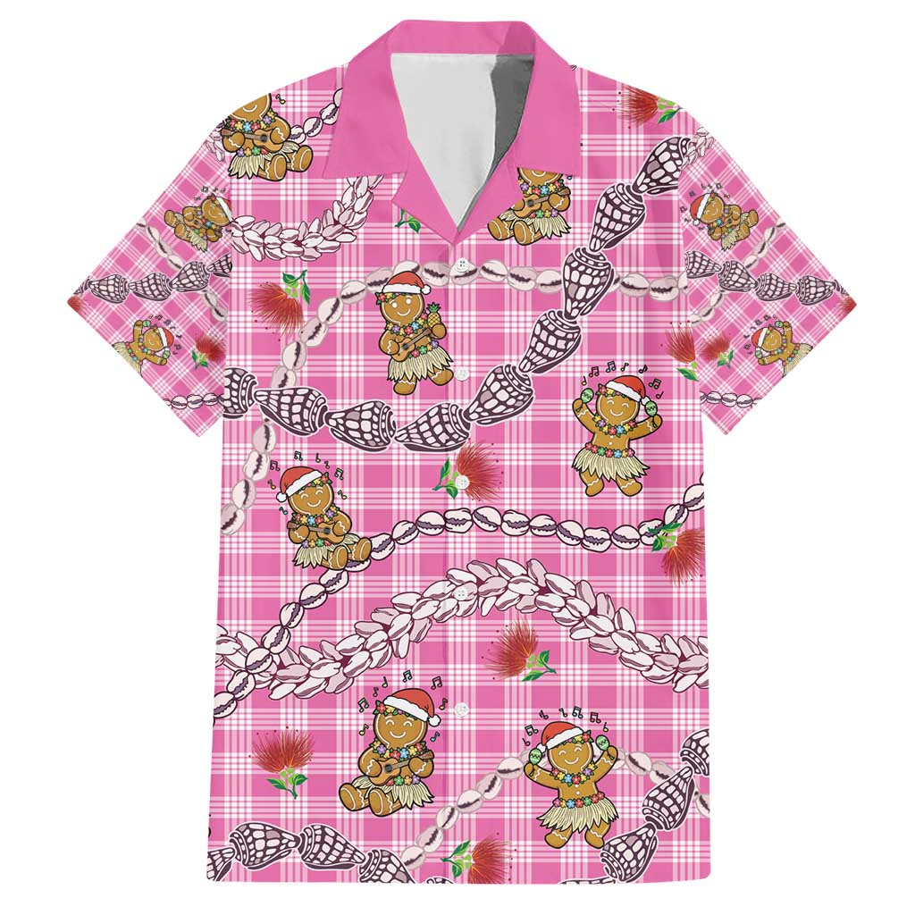 Pink Palaka Hawaii Mele Kalikimaka Family Matching Short Sleeve Bodycon Dress and Hawaiian Shirt Ohia Lehua Shell Leis Funny Gingerbread Santa - Polynesian Pride