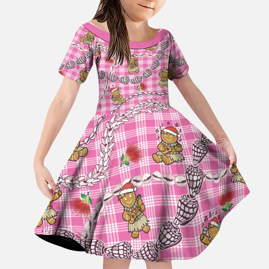 Pink Palaka Hawaii Mele Kalikimaka Family Matching Summer Maxi Dress and Hawaiian Shirt Ohia Lehua Shell Leis Funny Gingerbread Santa LT14 Daughter's Dress Pink - Polynesian Pride