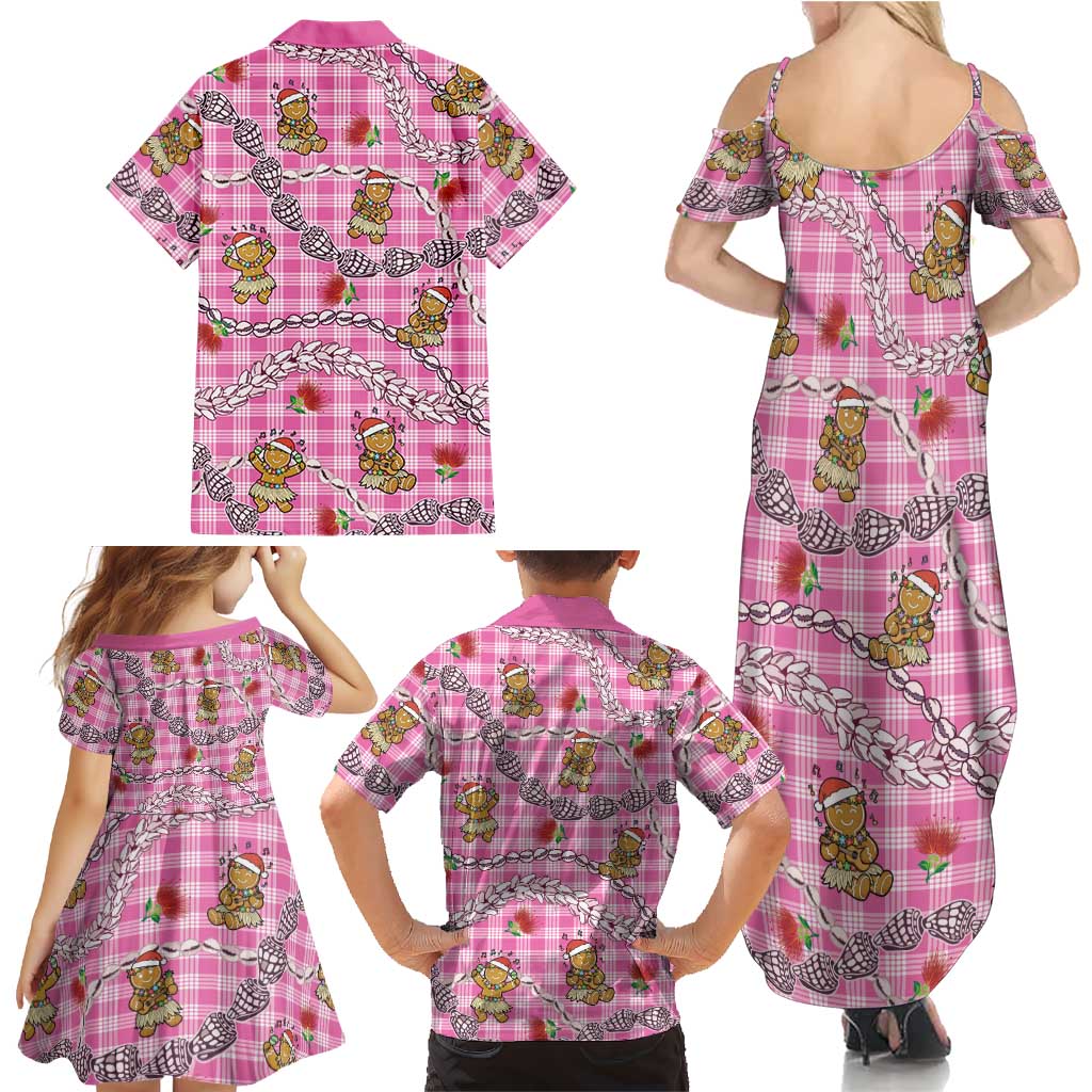 Pink Palaka Hawaii Mele Kalikimaka Family Matching Summer Maxi Dress and Hawaiian Shirt Ohia Lehua Shell Leis Funny Gingerbread Santa LT14 - Polynesian Pride