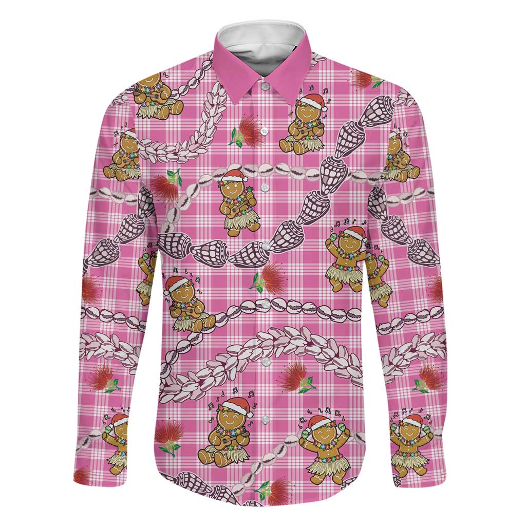 Pink Palaka Hawaii Mele Kalikimaka Family Matching Summer Maxi Dress and Hawaiian Shirt Ohia Lehua Shell Leis Funny Gingerbread Santa LT14 Dad's Shirt - Long Sleeve Pink - Polynesian Pride