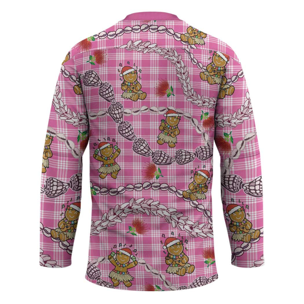 Pink Palaka Hawaii Mele Kalikimaka Hockey Jersey Ohia Lehua Shell Leis Funny Gingerbread Santa - Polynesian Pride