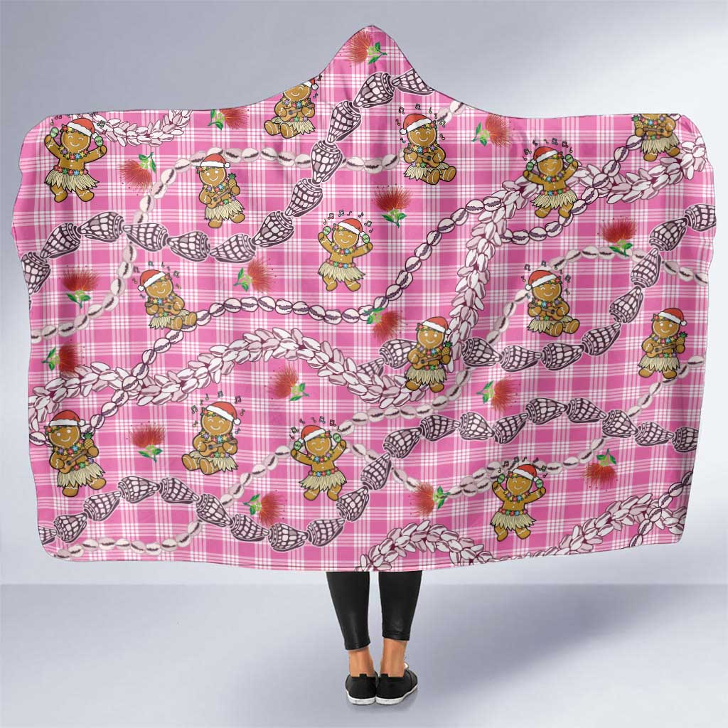 Pink Palaka Hawaii Mele Kalikimaka Hooded Blanket Ohia Lehua Shell Leis Funny Gingerbread Santa - Polynesian Pride