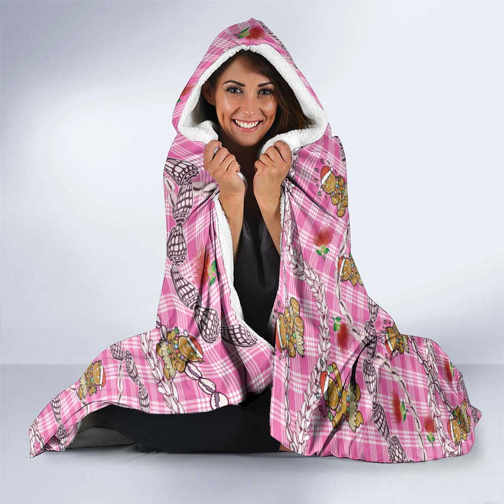 Pink Palaka Hawaii Mele Kalikimaka Hooded Blanket Ohia Lehua Shell Leis Funny Gingerbread Santa - Polynesian Pride