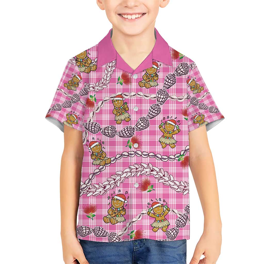 Pink Palaka Hawaii Mele Kalikimaka Kid Hawaiian Shirt Ohia Lehua Shell Leis Funny Gingerbread Santa - Polynesian Pride
