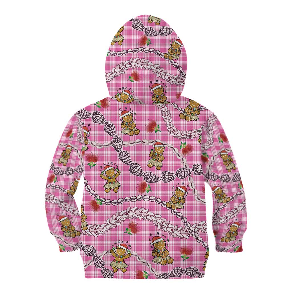 Pink Palaka Hawaii Mele Kalikimaka Kid Hoodie Ohia Lehua Shell Leis Funny Gingerbread Santa - Polynesian Pride
