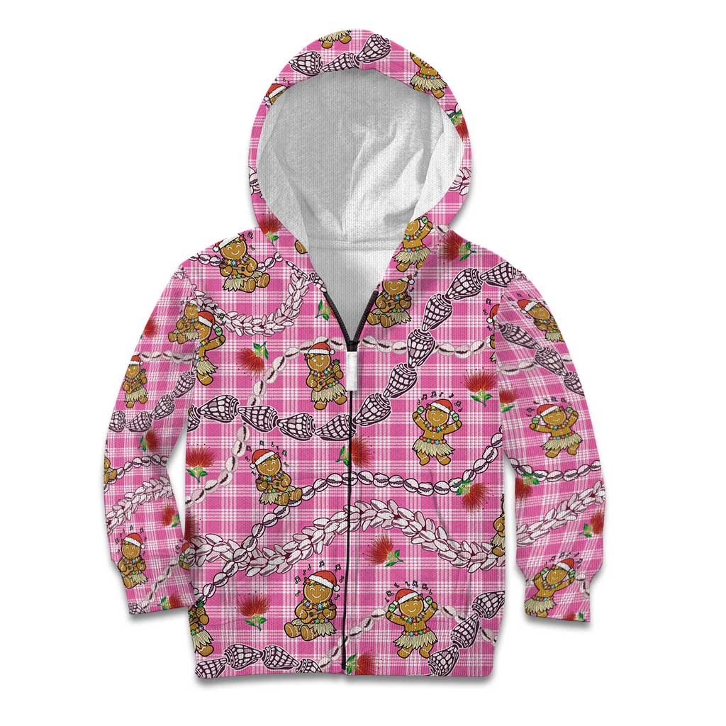 Pink Palaka Hawaii Mele Kalikimaka Kid Hoodie Ohia Lehua Shell Leis Funny Gingerbread Santa - Polynesian Pride