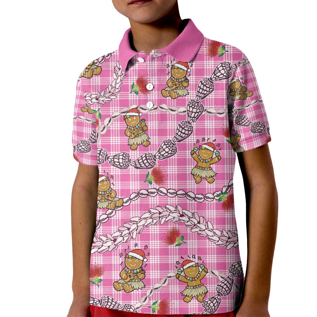 Pink Palaka Hawaii Mele Kalikimaka Kid Polo Shirt Ohia Lehua Shell Leis Funny Gingerbread Santa - Polynesian Pride