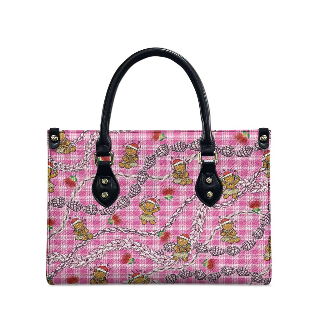 Pink Palaka Hawaii Mele Kalikimaka Leather Bag Ohia Lehua Shell Leis Funny Gingerbread Santa - Polynesian Pride