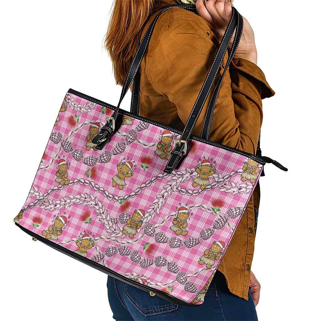 Pink Palaka Hawaii Mele Kalikimaka Leather Tote Bag Ohia Lehua Shell Leis Funny Gingerbread Santa - Polynesian Pride