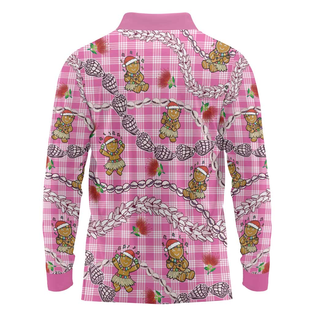 Pink Palaka Hawaii Mele Kalikimaka Long Sleeve Polo Shirt Ohia Lehua Shell Leis Funny Gingerbread Santa - Polynesian Pride