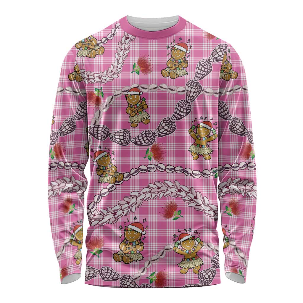 Pink Palaka Hawaii Mele Kalikimaka Long Sleeve Shirt Ohia Lehua Shell Leis Funny Gingerbread Santa - Polynesian Pride