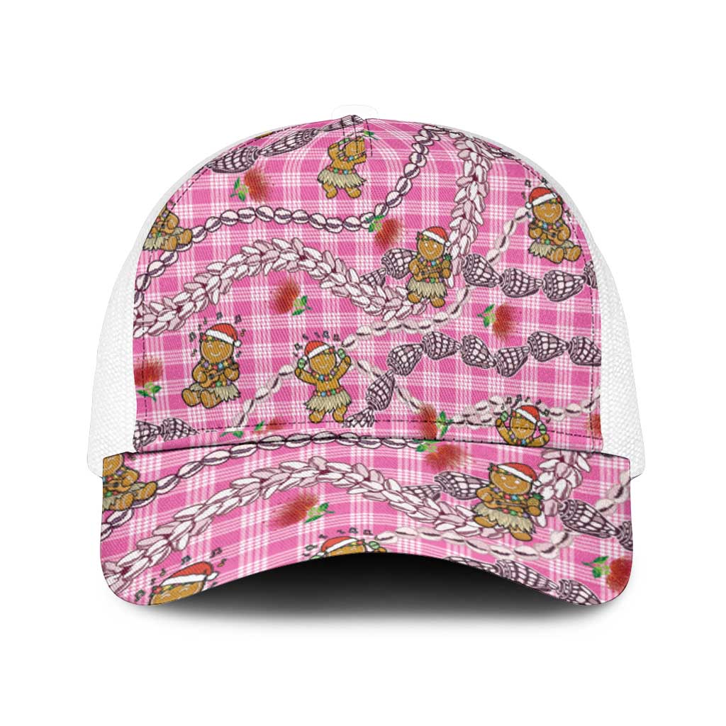 Pink Palaka Hawaii Mele Kalikimaka Mesh Trucker Cap Ohia Lehua Shell Leis Funny Gingerbread Santa - Polynesian Pride
