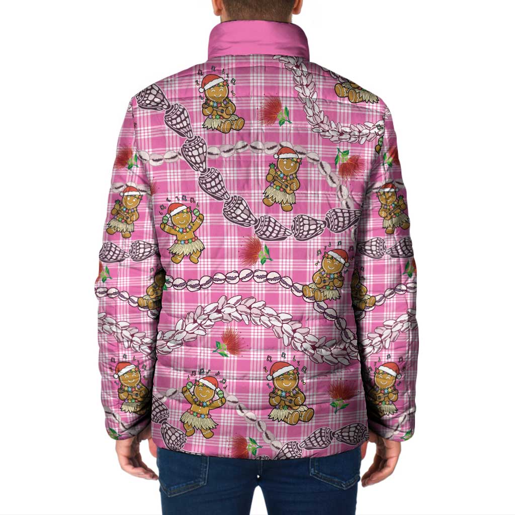 Pink Palaka Hawaii Mele Kalikimaka Padded Jacket Ohia Lehua Shell Leis Funny Gingerbread Santa - Polynesian Pride