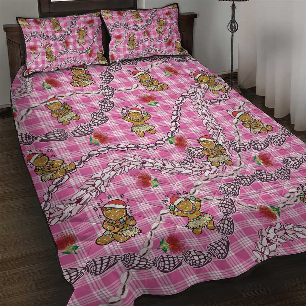 Pink Palaka Hawaii Mele Kalikimaka Quilt Bed Set Ohia Lehua Shell Leis Funny Gingerbread Santa - Polynesian Pride