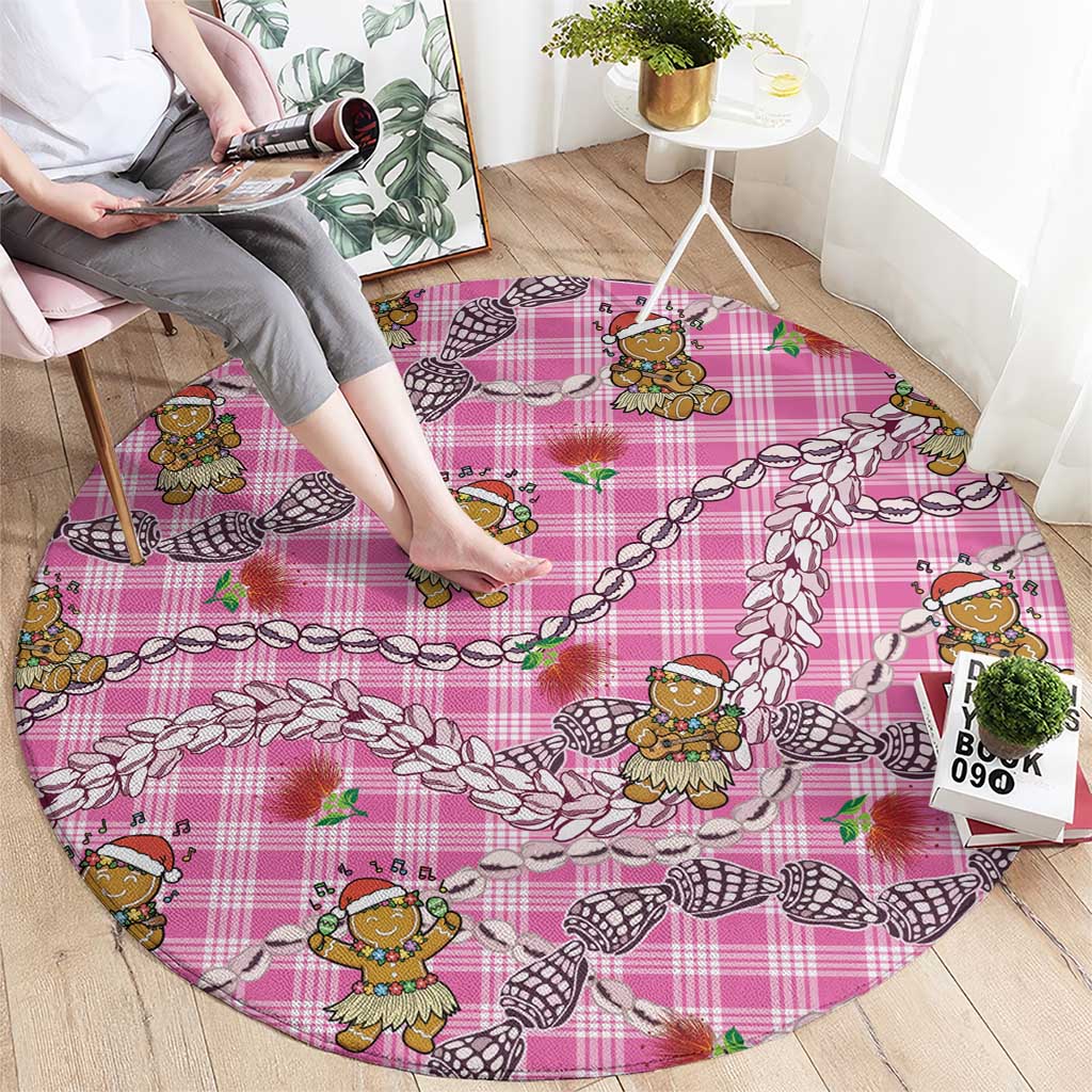 Pink Palaka Hawaii Mele Kalikimaka Round Carpet Ohia Lehua Shell Leis Funny Gingerbread Santa - Polynesian Pride