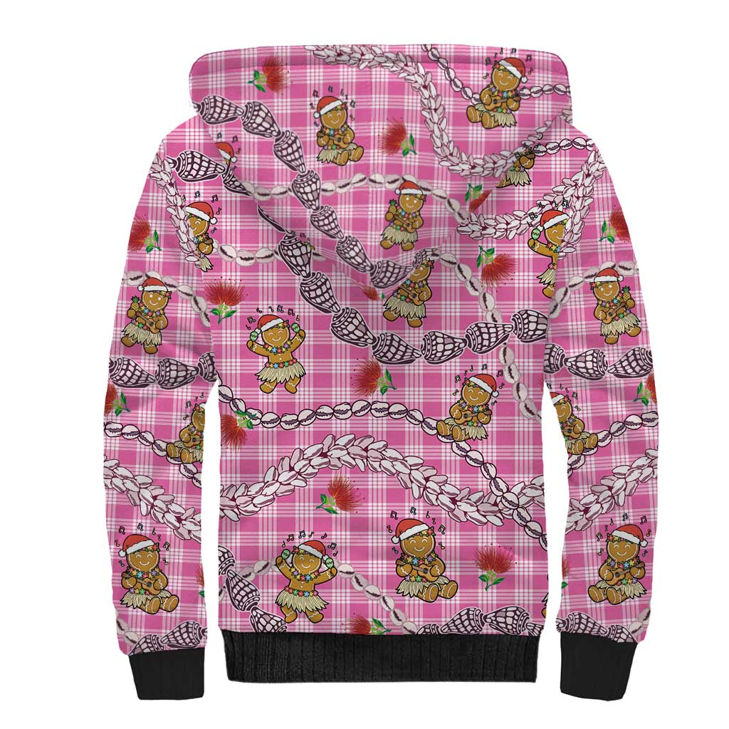 Pink Palaka Hawaii Mele Kalikimaka Sherpa Hoodie Ohia Lehua Shell Leis Funny Gingerbread Santa - Polynesian Pride
