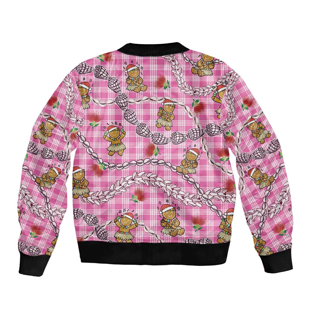 Pink Palaka Hawaii Mele Kalikimaka Sleeve Zip Bomber Jacket Ohia Lehua Shell Leis Funny Gingerbread Santa - Polynesian Pride