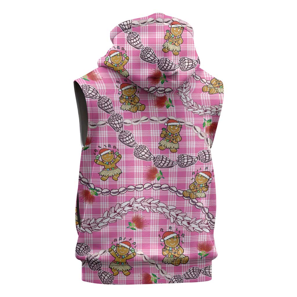 Pink Palaka Hawaii Mele Kalikimaka Sleeveless Hoodie Ohia Lehua Shell Leis Funny Gingerbread Santa - Polynesian Pride