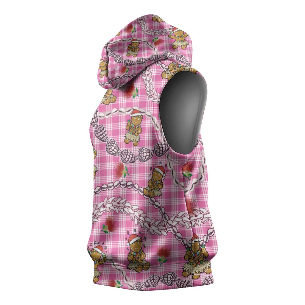 Pink Palaka Hawaii Mele Kalikimaka Sleeveless Hoodie Ohia Lehua Shell Leis Funny Gingerbread Santa - Polynesian Pride