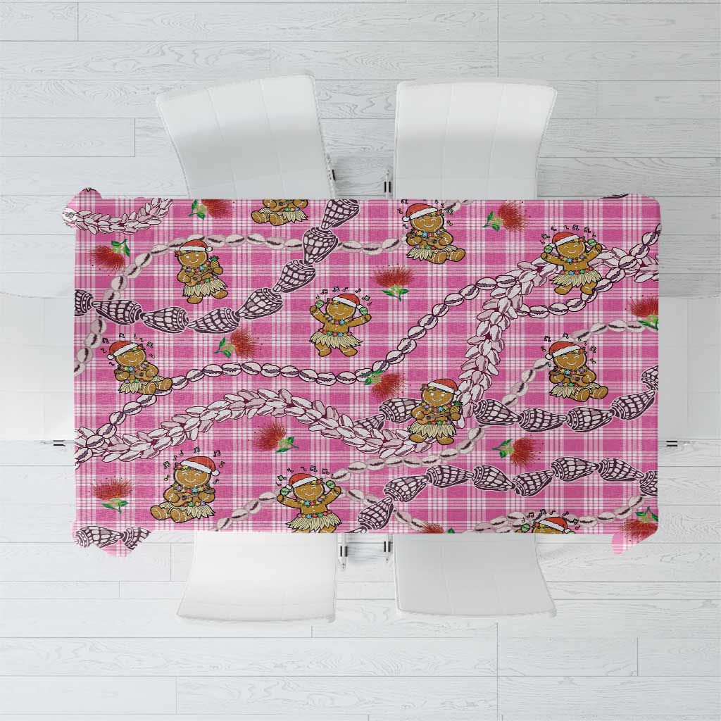 Pink Palaka Hawaii Mele Kalikimaka Tablecloth Ohia Lehua Shell Leis Funny Gingerbread Santa - Polynesian Pride