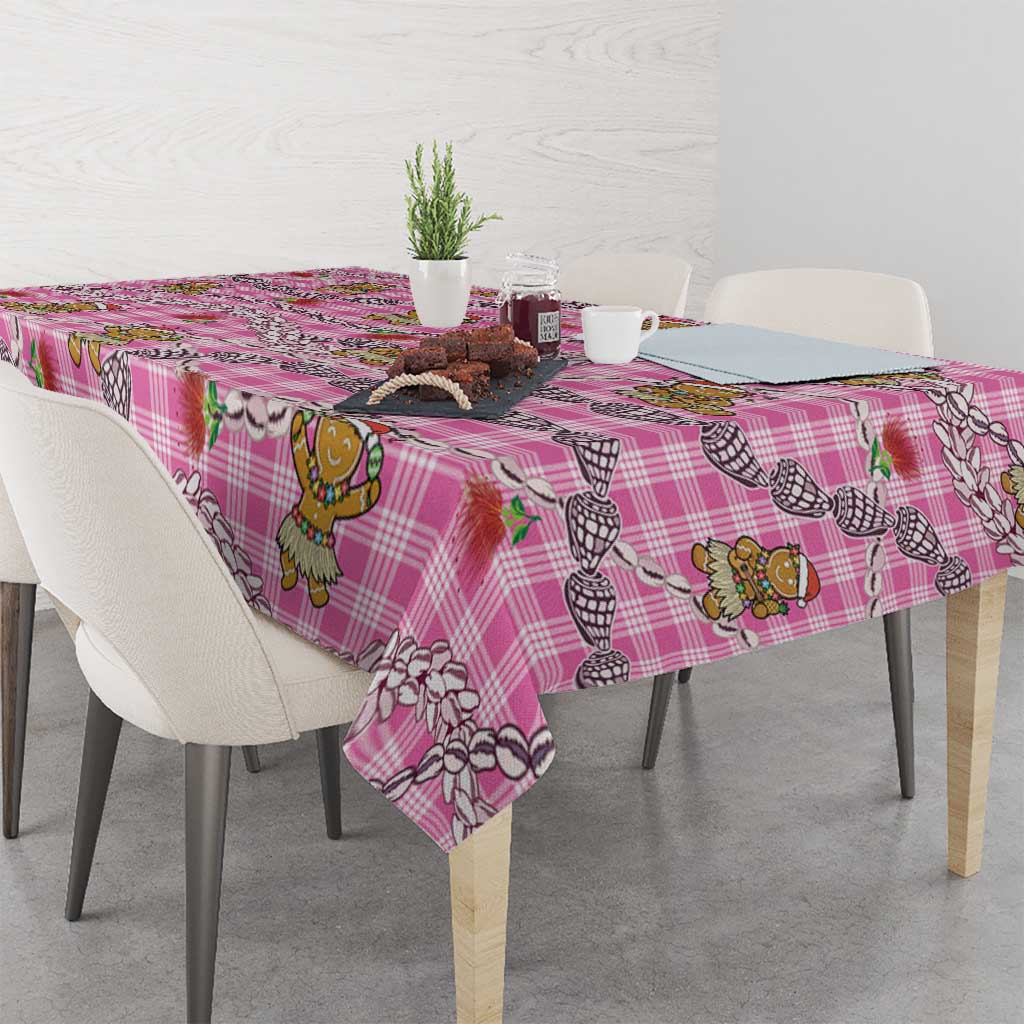 Pink Palaka Hawaii Mele Kalikimaka Tablecloth Ohia Lehua Shell Leis Funny Gingerbread Santa - Polynesian Pride