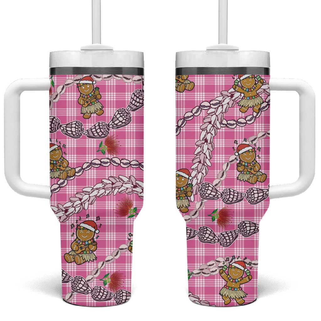 Pink Palaka Hawaii Mele Kalikimaka Tumbler With Handle Ohia Lehua Shell Leis Funny Gingerbread Santa - Polynesian Pride