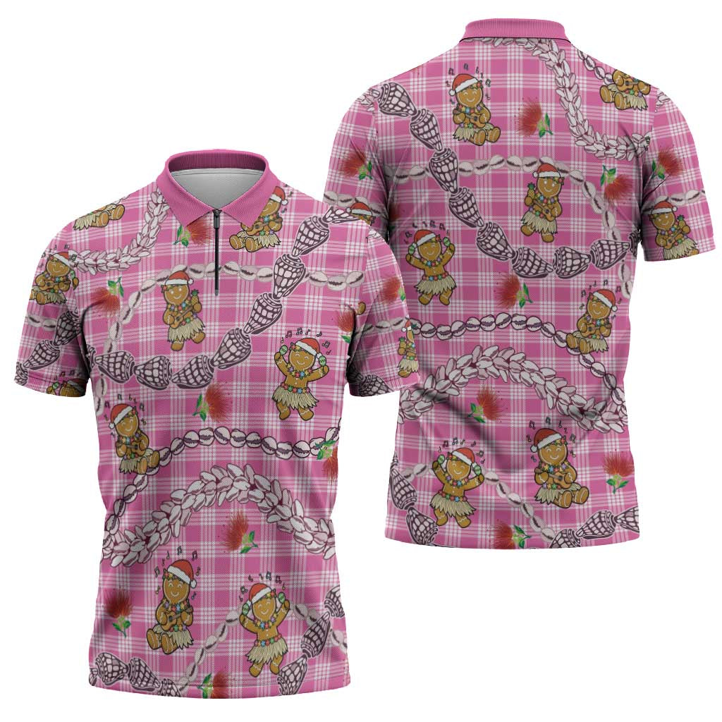 Pink Palaka Hawaii Mele Kalikimaka Zipper Polo Shirt Ohia Lehua Shell Leis Funny Gingerbread Santa - Polynesian Pride