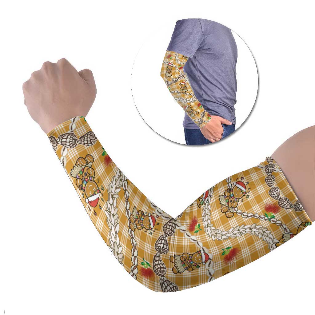 Gold Palaka Hawaii Mele Kalikimaka Arm Sleeves Ohia Lehua Shell Leis Funny Gingerbread Santa - Polynesian Pride