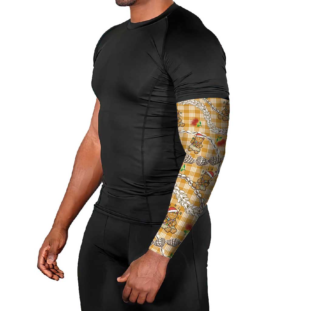 Gold Palaka Hawaii Mele Kalikimaka Arm Sleeves Ohia Lehua Shell Leis Funny Gingerbread Santa - Polynesian Pride