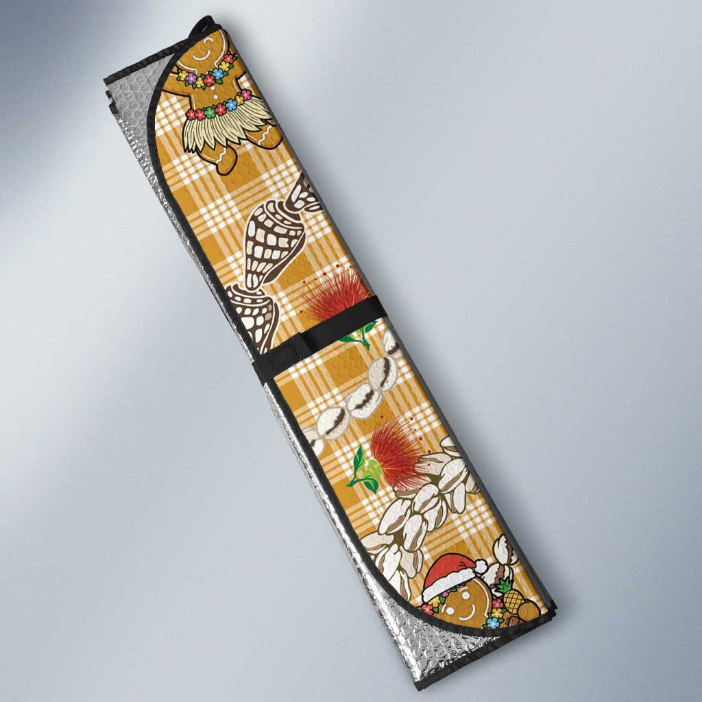 Gold Palaka Hawaii Mele Kalikimaka Auto Sun Shade Ohia Lehua Shell Leis Funny Gingerbread Santa - Polynesian Pride