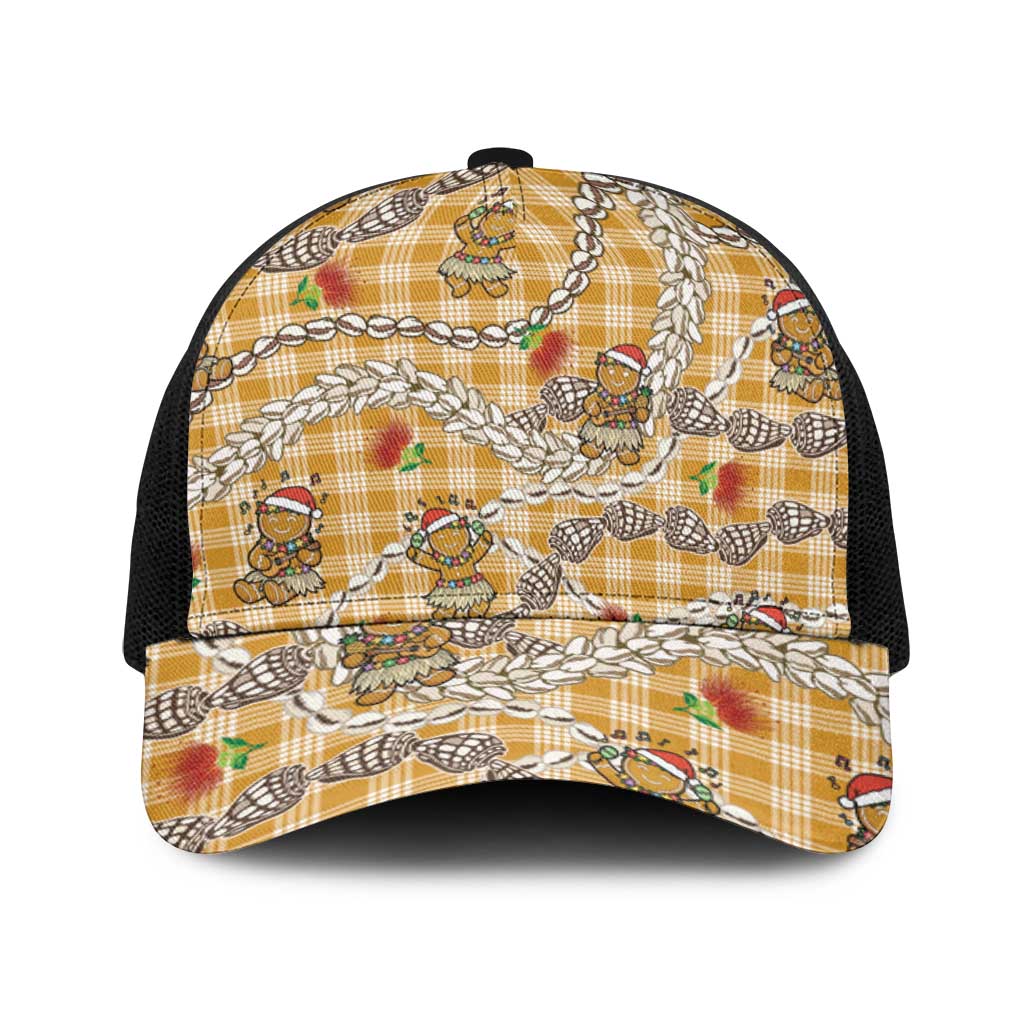 Gold Palaka Hawaii Mele Kalikimaka Baseball Net Cap Ohia Lehua Shell Leis Funny Gingerbread Santa - Polynesian Pride