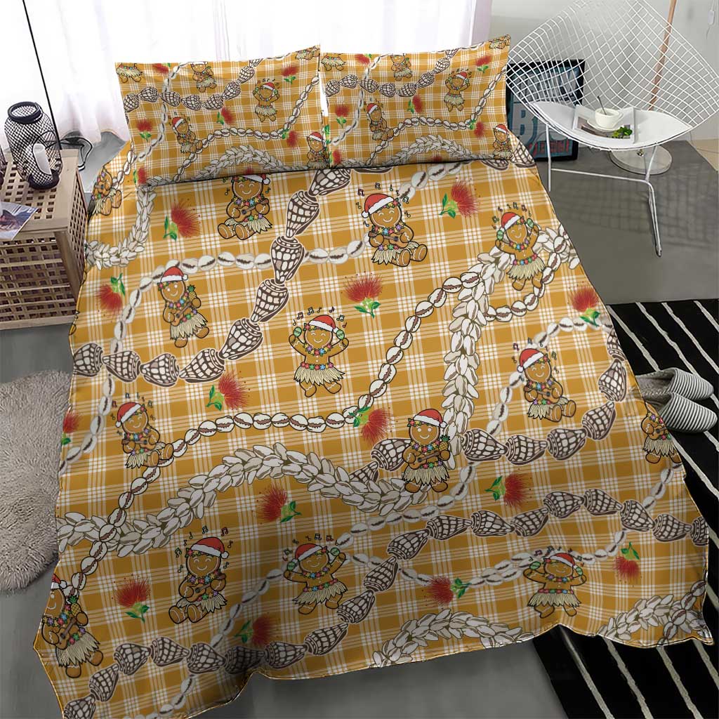 Gold Palaka Hawaii Mele Kalikimaka Bedding Set Ohia Lehua Shell Leis Funny Gingerbread Santa - Polynesian Pride