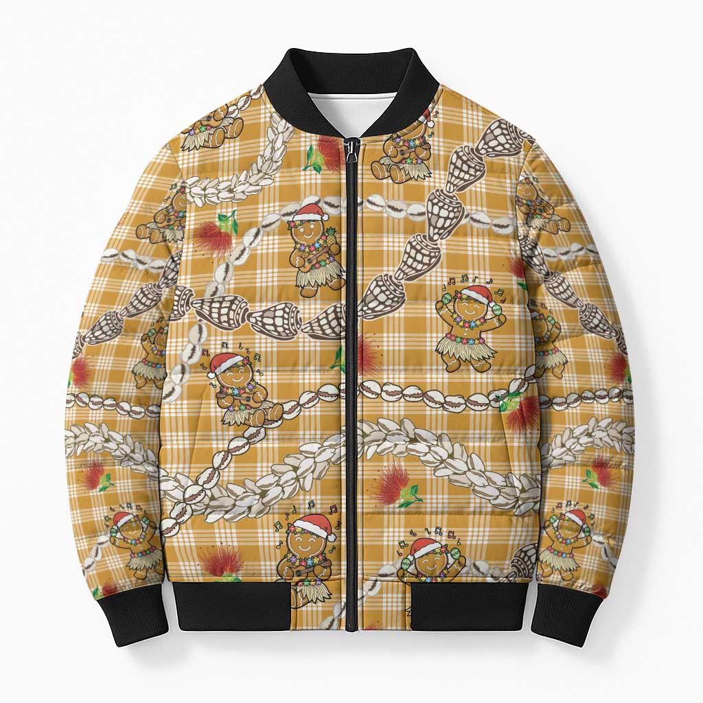 Gold Palaka Hawaii Mele Kalikimaka Bomber Puffer Jacket Ohia Lehua Shell Leis Funny Gingerbread Santa - Polynesian Pride