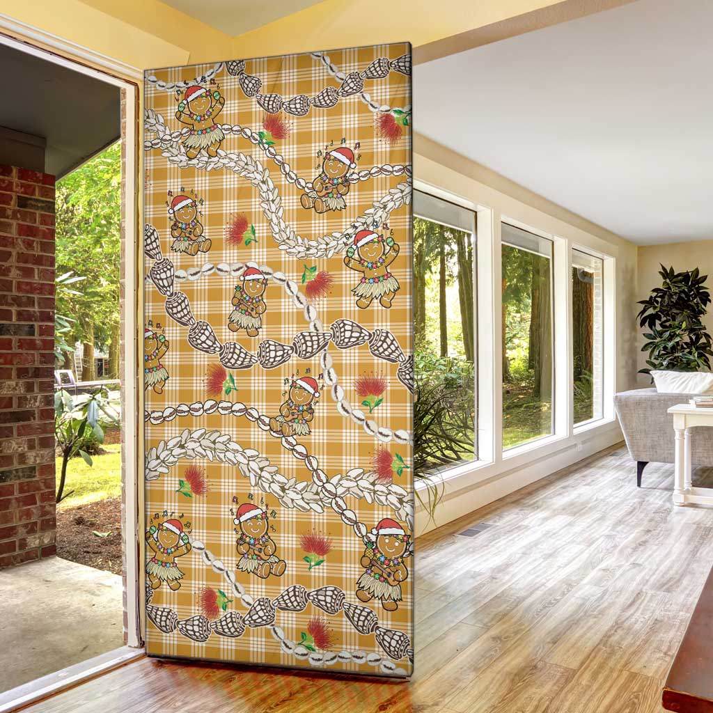 Gold Palaka Hawaii Mele Kalikimaka Door Cover Ohia Lehua Shell Leis Funny Gingerbread Santa - Polynesian Pride