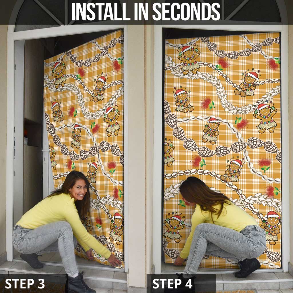 Gold Palaka Hawaii Mele Kalikimaka Door Cover Ohia Lehua Shell Leis Funny Gingerbread Santa - Polynesian Pride