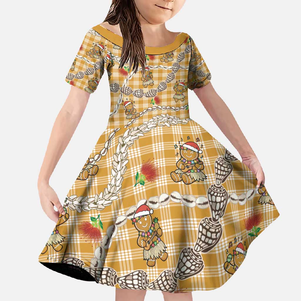 Gold Palaka Hawaii Mele Kalikimaka Family Matching Off Shoulder Maxi Dress and Hawaiian Shirt Ohia Lehua Shell Leis Funny Gingerbread Santa - Polynesian Pride