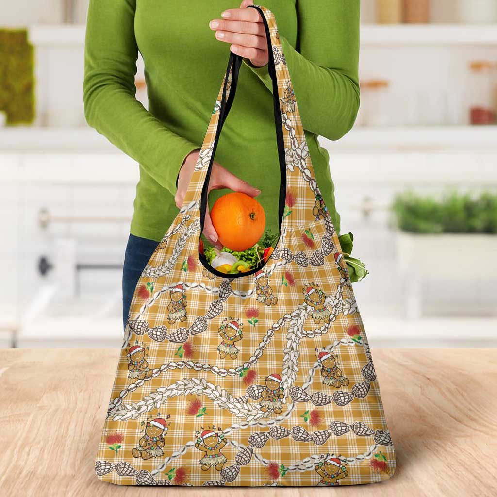 Gold Palaka Hawaii Mele Kalikimaka Grocery Bag Ohia Lehua Shell Leis Funny Gingerbread Santa - Polynesian Pride