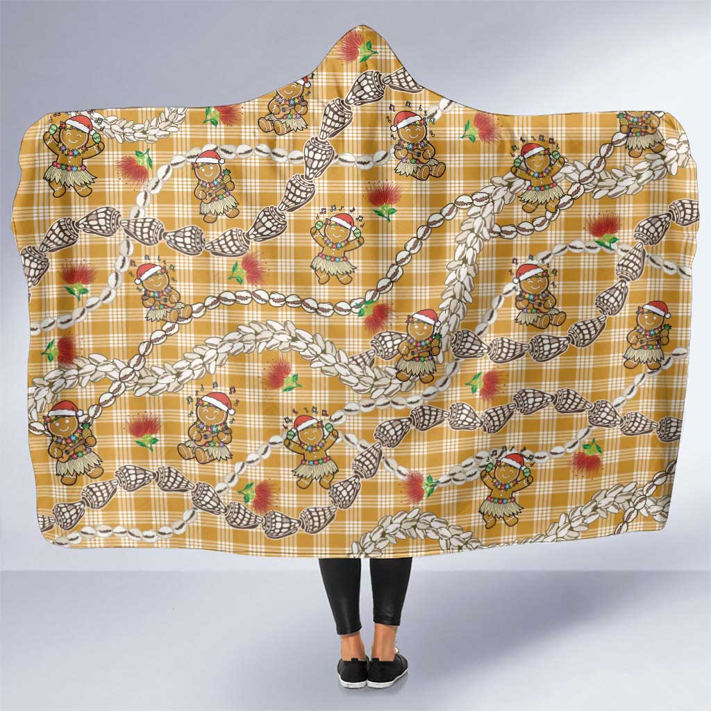 Gold Palaka Hawaii Mele Kalikimaka Hooded Blanket Ohia Lehua Shell Leis Funny Gingerbread Santa - Polynesian Pride