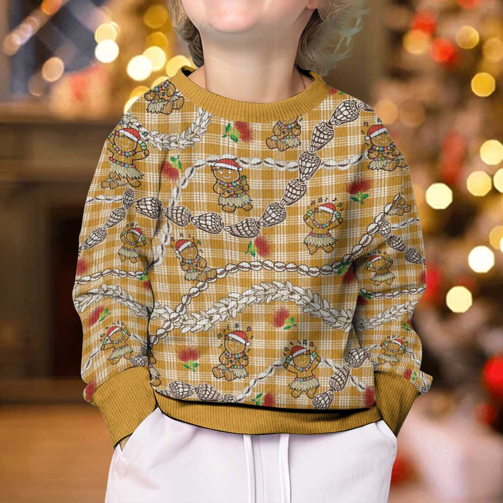 Gold Palaka Hawaii Mele Kalikimaka Kid Ugly Christmas Sweater Ohia Lehua Shell Leis Funny Gingerbread Santa - Polynesian Pride
